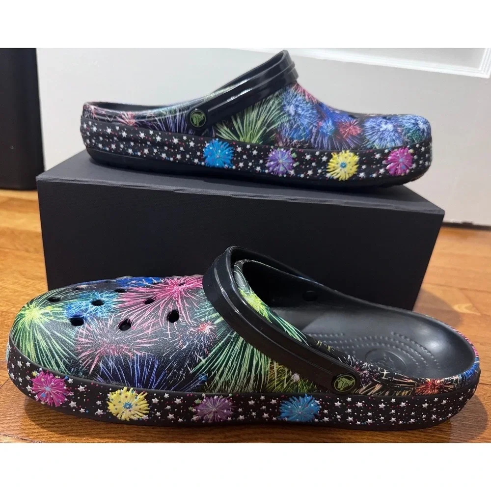 NEW Crocs Crocband Black Multi Color Fireworks Clogs Mens 13 Relaxed Fit